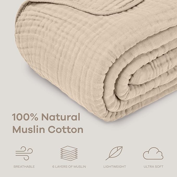 Comfy Cubs Muslin Throw Blanket - 50” x 60” Quilted Design - Lightweight, Breathable 6-Layer Gauze Fabric - Soft Cotton Blanket for Home or Travel - Packaged in Elegant Gift Box - Sand