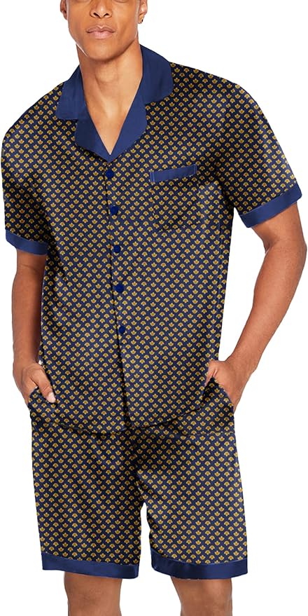 Ekouaer Men Satin Silk Pajamas Set with Pockets Sleepwear Shorts Satin Summer Loungewear 2 Piece Button Down Set S-3XL