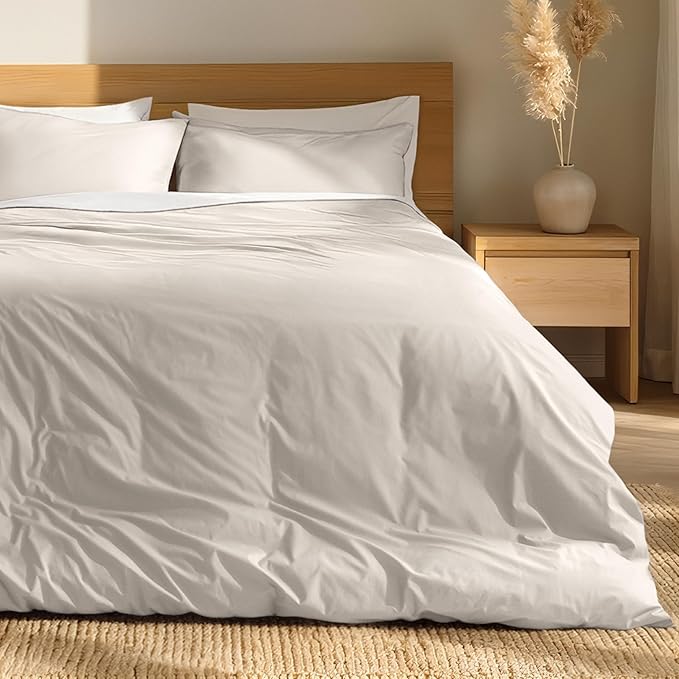 Bare Home 100% Organic Cotton Extra Long Duvet Cover Set - Crisp Percale Weave - Lightweight & Breathable - Cooling Duvet Cover Set (Twin/Twin XL, French Beige)
