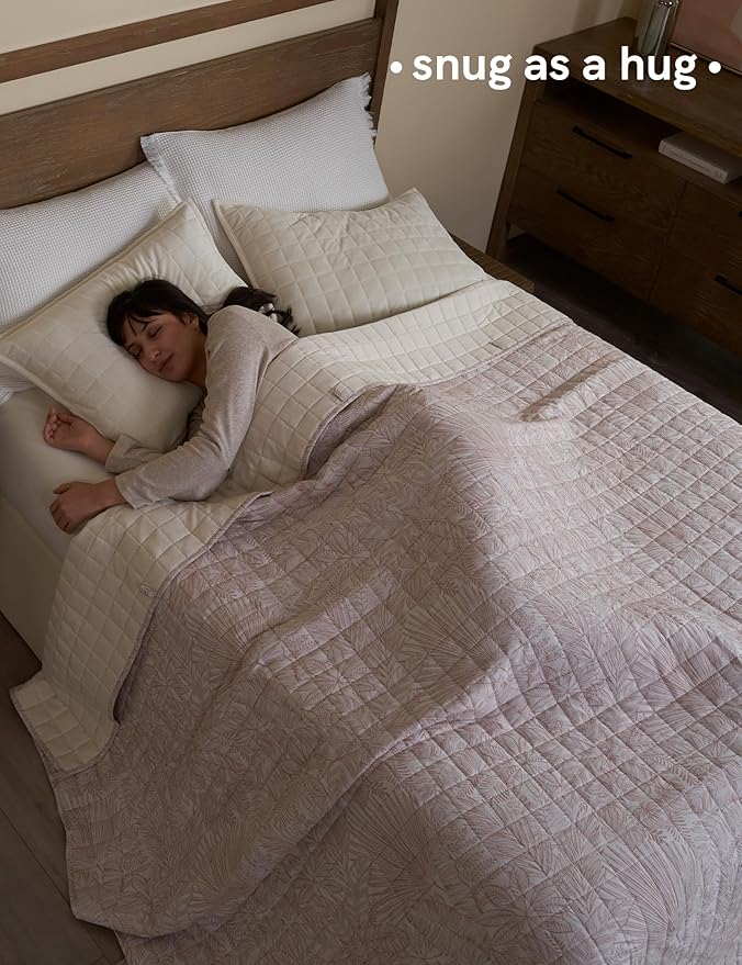 YnM King Size Linen Weighted Blanket for Adults (88x104 Inches, 15 Pounds, Palm Tree), Exclusive Smallest Compartments, Heavy Bed Blanket for Two Persons of 70~140lbs on Queen or King Bed