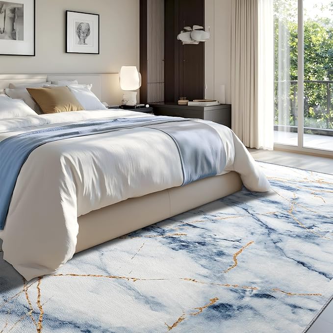 CRYPTOLITE Area Rugs 9x12 Rug for Living Room Abstract Washable Rug with Non-Slip Backing Low Pile Area Rugs for Bedroom, Dining Room, Blue