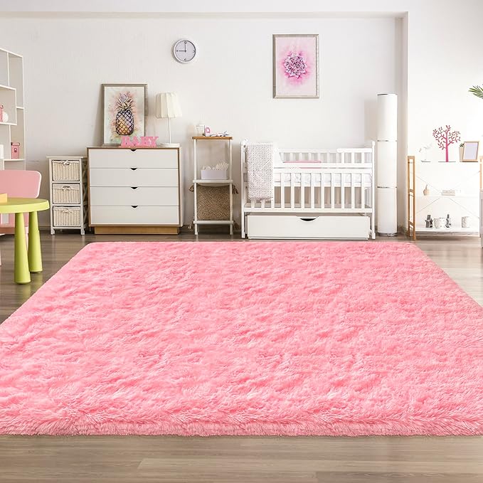 Fluffy Rugs for Living Room 8x10 Feet Pink Fur Rug Soft Shaggy Rug for Bedroom Girls Modern Indoor Furry Floor Carpet Washable Plush Fuzzy Kids Area Rug for Nursery Princess Teen Dorm