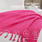 Chunky Knit Throw Blanket with Braided Tassels 50" x 60", Hand Knitted Soft Thick Yarn Basket Weave Boho Farmhouse Blanket, Plush Fluffy Tassel Decor Throw for Couch Bed Sofa, Hot Pink