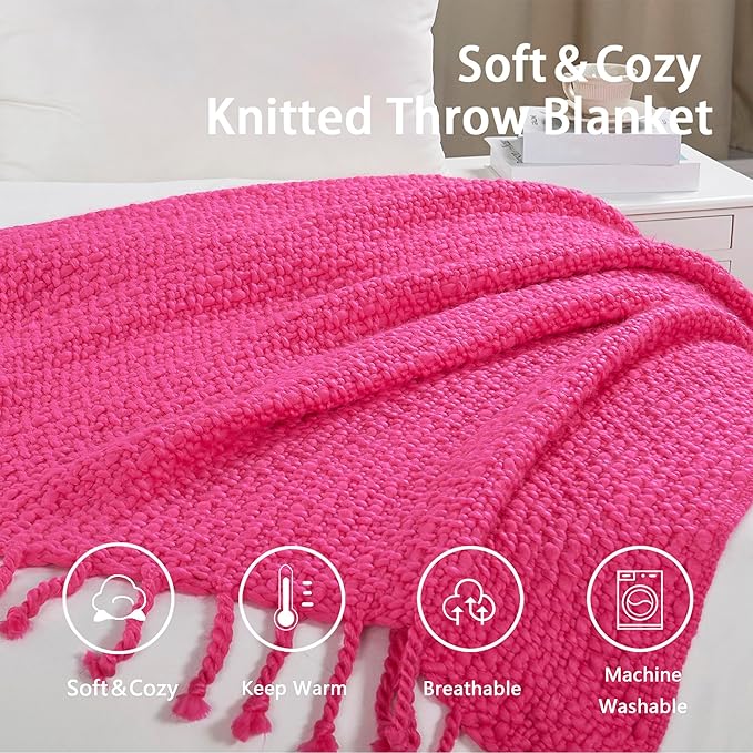 Chunky Knit Throw Blanket with Braided Tassels 50" x 60", Hand Knitted Soft Thick Yarn Basket Weave Boho Farmhouse Blanket, Plush Fluffy Tassel Decor Throw for Couch Bed Sofa, Hot Pink