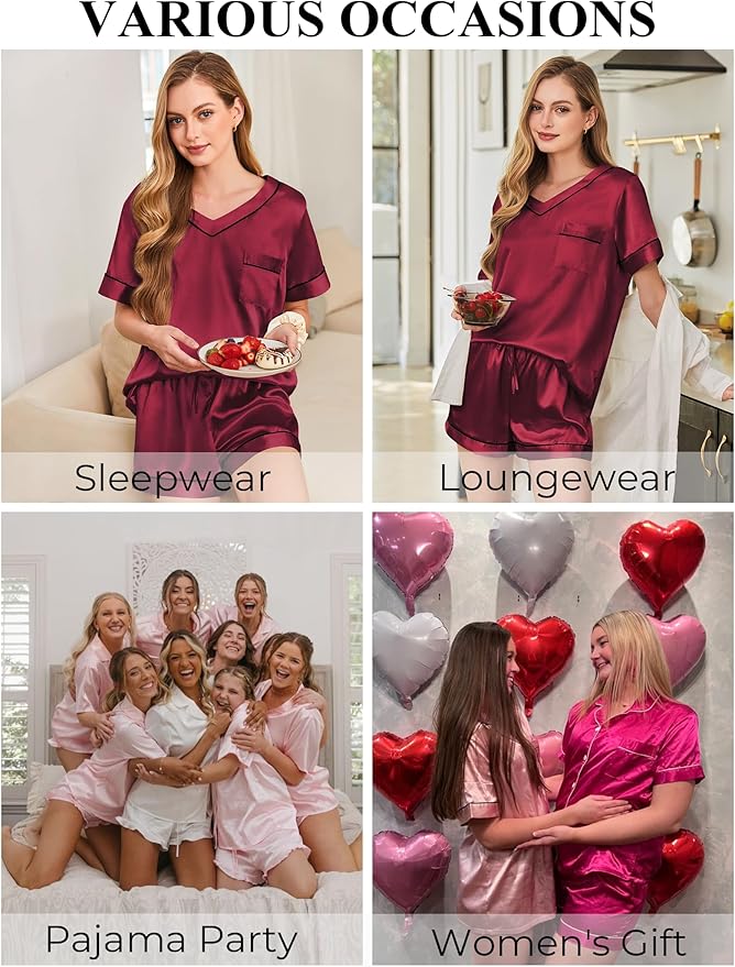 Silk Pajamas for Women Short Sleeve Satin 2 Piece Pj Set Soft V Neck Sleepwear Loungewear, S-XXL