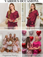 Silk Pajamas for Women Short Sleeve Satin 2 Piece Pj Set Soft V Neck Sleepwear Loungewear, S-XXL