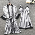 Women's 4pcs Silk Satin Pajamas Set Floral Lace Trim Dress with Robe Lounge Sleepwear Nightdress Novelty Loungewear