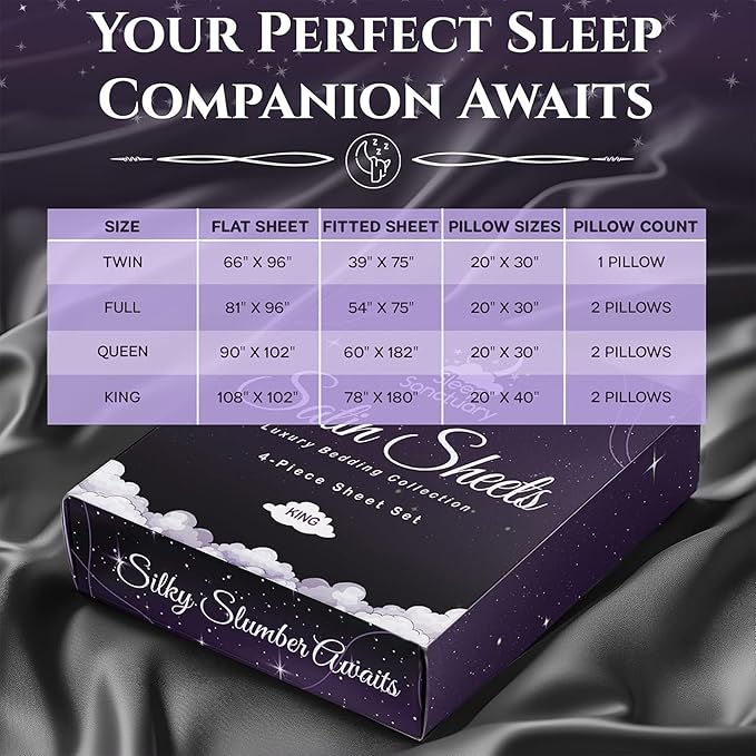 SLEEP SANCTUARY Satin Sheets King Size – 4 Piece Luxury Silky Bed Set, Softer Than Silk, 15" Deep Pocket, Cooling & Wrinkle-Free, Moisture-Wicking & Breathable for Hair & Skin (Stone Grey)
