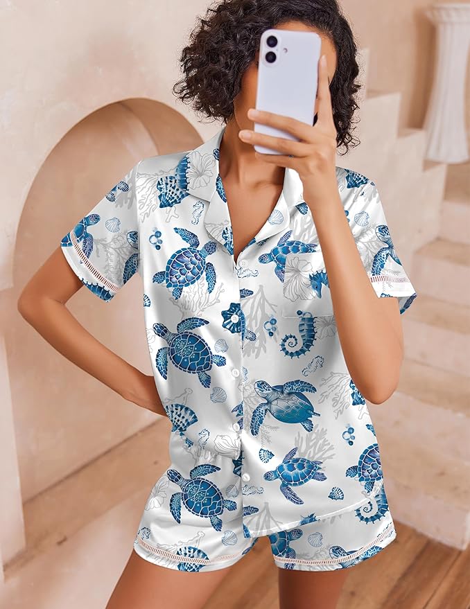 Ekouaer Womens Silk Pajama Sets Button Up Satin Pjs Short Sleeve 2 Piece Pj Sets Cute Lounge Sets with Chest Pocket