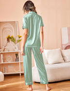 Ekouaer Silk Satin Pajamas Set Women Short Sleeve Sleepwear Soft Button Down Loungewear Pjs Set