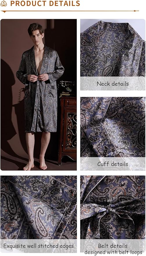 Men's 100% Mulberry Silk Long Robe Kimono Paisley Print Bath Robe, Heavy Silk 19 Momme Dressing Gown