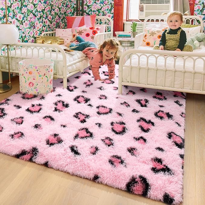 HOMORE Leopard Print Rugs, 3x5 Feet Pink Leopard Rug for Girls Bedroom, Soft Cheetah Print Rugs for Living Room Western Decor, Modern Indoor Fluffy Area Rug for Kids Nursery Dorm Decor