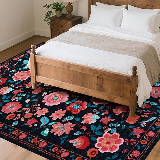 CRYPTOLITE 9x12 Area Rug for Living Room Clearance, Modern Washable Rug Non Slip Low Pile Floral Rugs for Living Room, Bedroom, Farmhouse, Dining Room, Kids Playroom, Black
