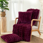 Striped Throw Blanket and Pillow Covers Set (No Inserts) for Couch and Bed, Plush Warm Lightweight Fuzzy Faux Fur Blanket for All Seasons (50" x 60", Burgundy)