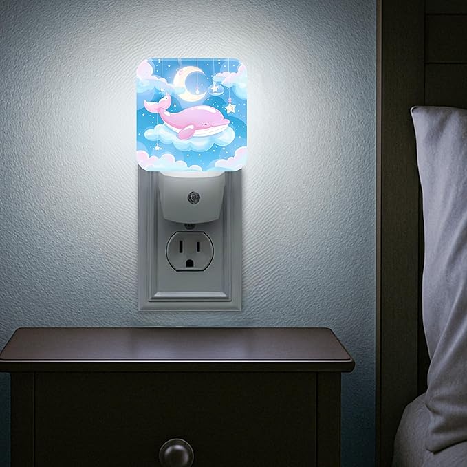Whale Night Lights Plug Into Wall, Cute Playful Moon Stars Summer Peach Energy Saving Automatic Led Night Lights for Bedroom Bathroom Hallway Kitchen Decor 2pcs