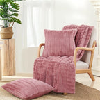 Striped Throw Blanket and Pillow Covers Set (No Inserts) for Couch and Bed, Plush Warm Lightweight Fuzzy Faux Fur Blanket for All Seasons (60" x 80", Dusty Rose)