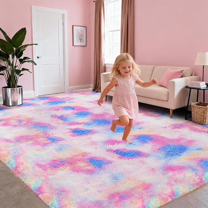 8x10 Feet Rainbow Unicorn Colorful Kids Rugs for Girls Bedroom, Large Fluffy Shag Area Rugs for Playroom, Classroom, Living Room Decor, Cute Fuzzy Kawaii Princess Plush Rug Carpet for Baby Toddler