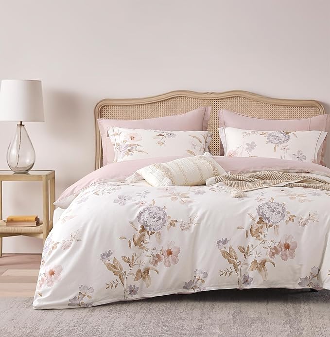 ALEISSEL Vintage Natural Cotton Comforter King Size 3Pcs - Brown & Lilac Gray Branches and Soft Blush Flowers on Off-White, Lightweight Reversible Floral Bedding Sets(King,104"×90")