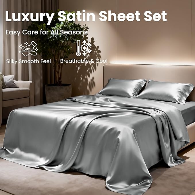 Love's cabin Satin Queen Sheets Set - 4 Piece Dark Grey Silky Bed Sheets with Deep Pocket, Luxury Silk Feel Satin Queen Size Sheet Set (1 Flat Sheet,1 Fitted Sheet,2 Pillow Cases)