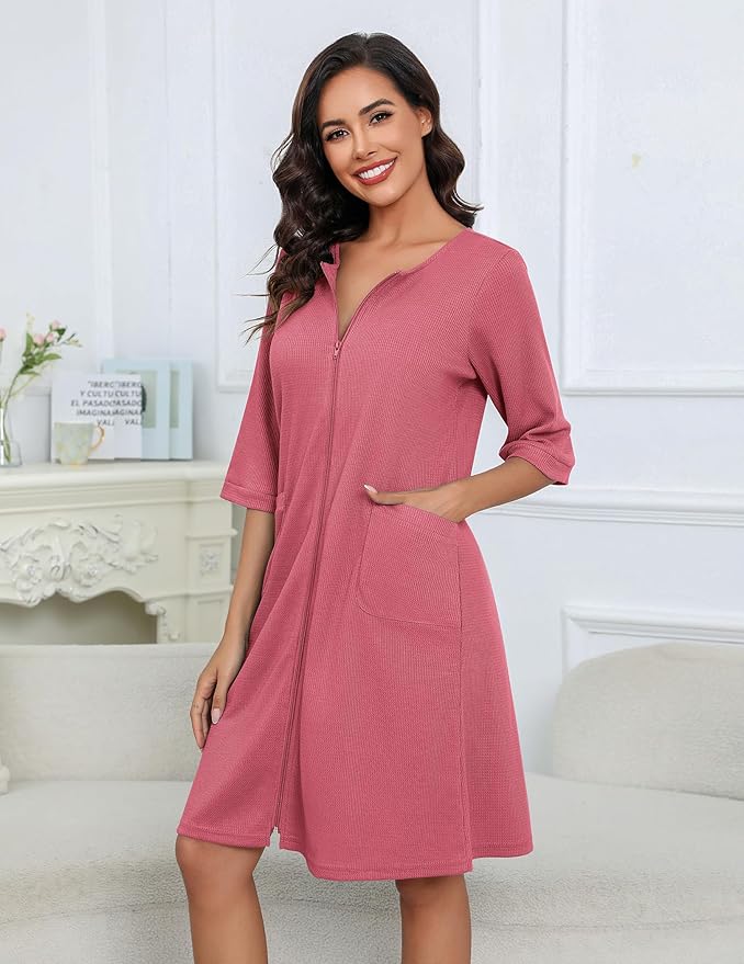 Ekouaer Women Zipper Robes Knee Length Waffle Knit Bathrobe Lightweight House Coat with Pockets 3/4 Sleeves Loungewear S-3XL