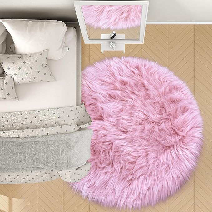 Pink 5'X5' High Pile Shag Rug, Fluffy Round Rug for Girls/Boys Room, Soft Circular Carpet for Nursery, Fuzzy Plush Rug for Dorm
