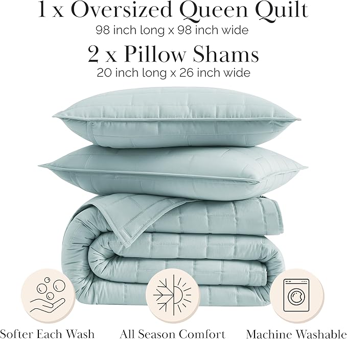 Southshore Fine Living, Inc. Oversized Full/Queen Quilt Set, Lightweight Coverlet, All Season Quilt Bedding with 2 Shams, Brick Pattern Symmetrical Stitching, Quilted Bedspreads Queen Size, Sky Blue