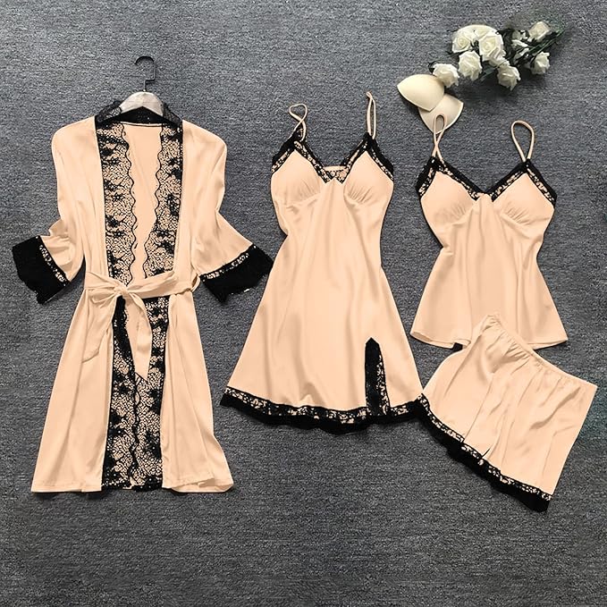 Women's 4pcs Silk Satin Pajamas Set Floral Lace Trim Dress with Robe Lounge Sleepwear Nightdress Novelty Loungewear