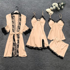Women's 4pcs Silk Satin Pajamas Set Floral Lace Trim Dress with Robe Lounge Sleepwear Nightdress Novelty Loungewear