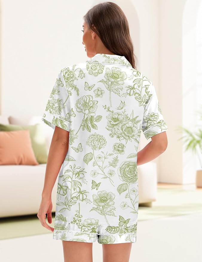 EPLAZA Silk Pajamas for Women Satin Pajamas Set 5 Pcs Long Sleeve Print Pattern Button Down Pjs Sleepwear Loungewear Set
