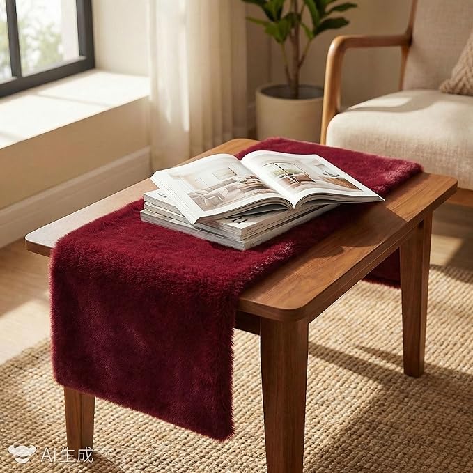 duduta Burgundy Faux Fur Dresser Runner, Soft Fluffy Coffee Table Runner Nightstand Cover Holiday Christmas Decor 11.8 in x 31.5 in