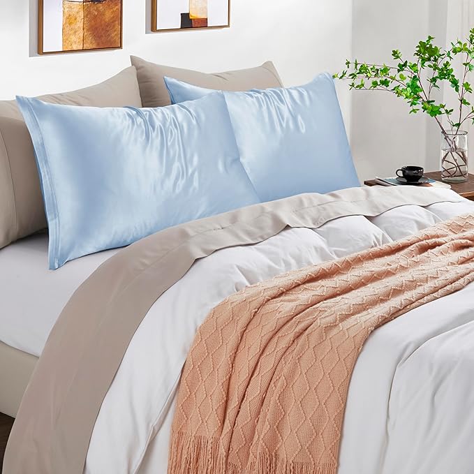 Light Blue Satin Pillowcases with Zipper （20x36）,King Size Pillowcases Set of 2,Light Blue Silk Pillowcase for Hair and Skin