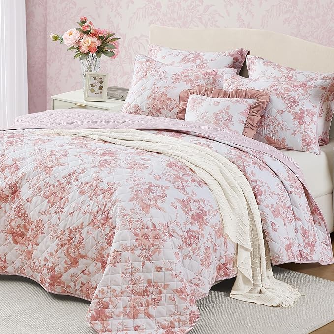 BLOOMHAVEN Quilt Set King Size, Dusty Rose Floral Quilt Sets, Reversible Bedspread Lightweight and Breathable for All Seasons, Soft Quilted Bedspread with 2 Pillow Shams