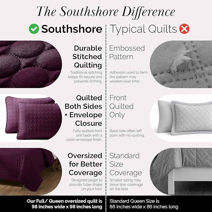 Southshore Fine Living, Inc. Oversized Quilt Bedding Set Queen, Soft Coverlet Full Size, Lightweight Bedspread 3-Piece with Two Matching Quilted Pillow Shams, All Season Full/Queen Quilts, Purple