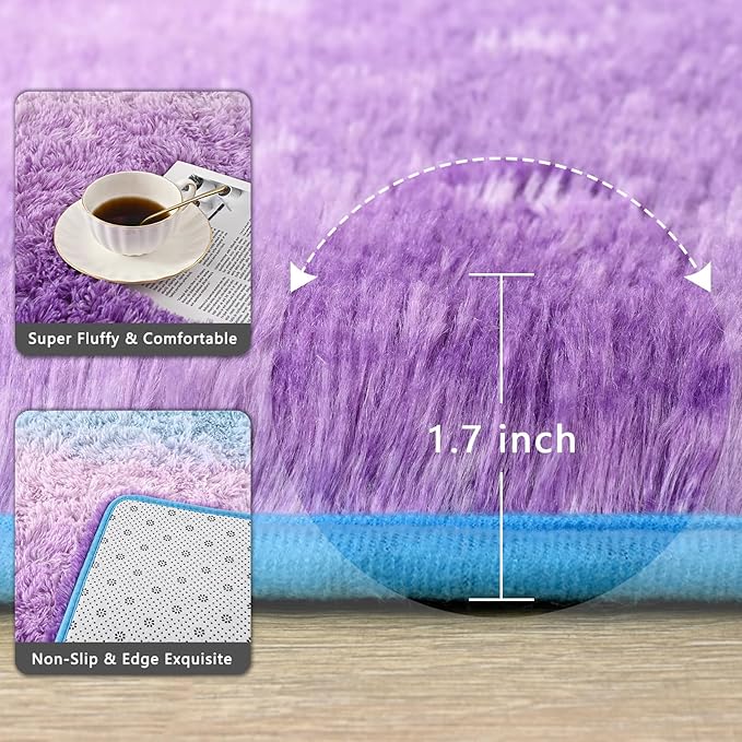 Purple Blue Area Rugs 4x6 Feet Rug for Bedroom Living Room, Cute Indoor Gradient Carpets, Plush Soft Rug for Kids Room, Fluffy Rugs for Girls Boys Nursery Room Home Decor