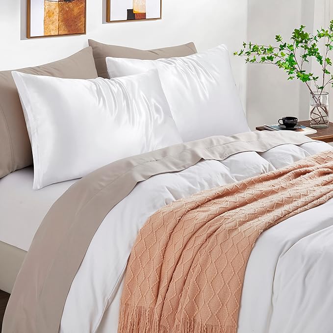 Satin Pillowcases with Zipper （20x36）,King Size Pillowcases Set of 2,White Silk Pillowcase for Hair and Skin