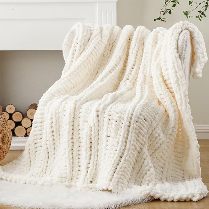 Battilo Cream Chunky Knit Throw Blanket for Couch, Super Soft Chenille Throw Blanket Cozy Warm Thick Ivory White Cable Knitted Blanket for Sofa, Bed, Living Room, 50"x60"