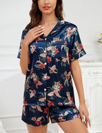 SWOMOG Womens Silk Satin Pajamas Set Short Sleeve Sleepwear Button Down Top and Shorts Loungewear 2 Piece Pjs Set XS-3XL
