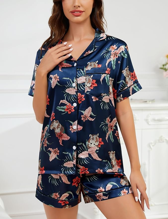 SWOMOG Womens Silk Satin Pajamas Set Short Sleeve Sleepwear Button Down Top and Shorts Loungewear 2 Piece Pjs Set XS-3XL