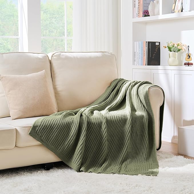 Chunky Knit Olive Green Throw Blanket 50"x60",Soft Cozy Thick Knitted Blanket for Couch Sofa Bed, Cute Decorative Throw for Living Room