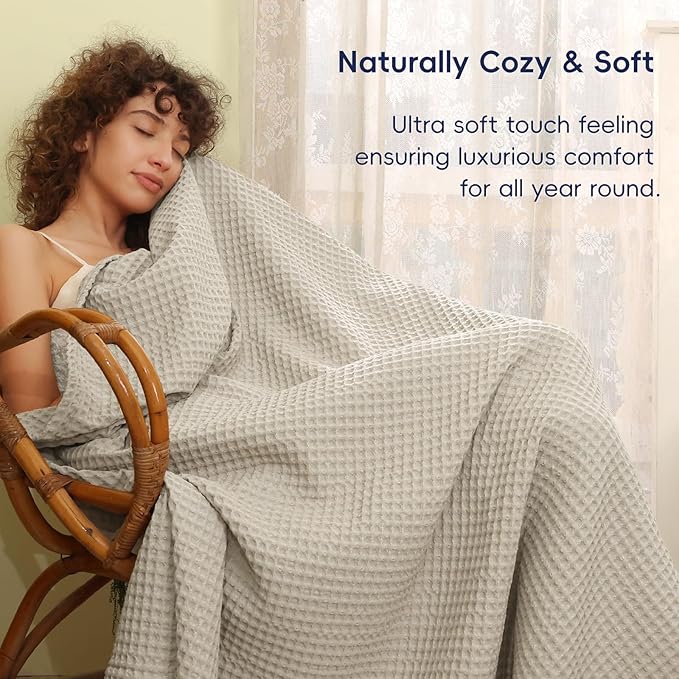 PHF Ultra Soft Waffle Weave Blanket Twin Size 66"x 90"- Washed Lightweight Breathable Cozy Woven Blanket for Bed - Aesthetic Decor for Couch Bedding Sofa Home Car - Light Khaki/Linen
