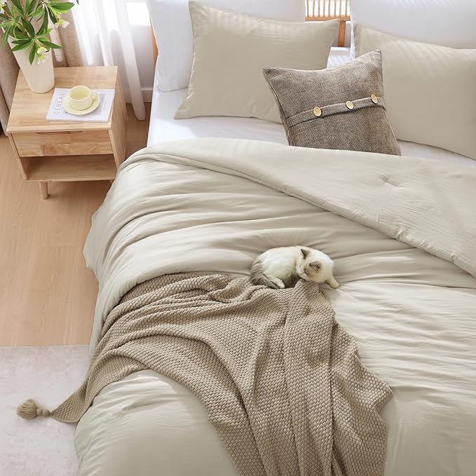 WRENSONGE California King Comforter Set - 3 Pieces Prewashed Light Oatmeal Comforter Soft Lightweight for All Seasons,Down Alternative Comforters California King Size with 2 Pillow Shams