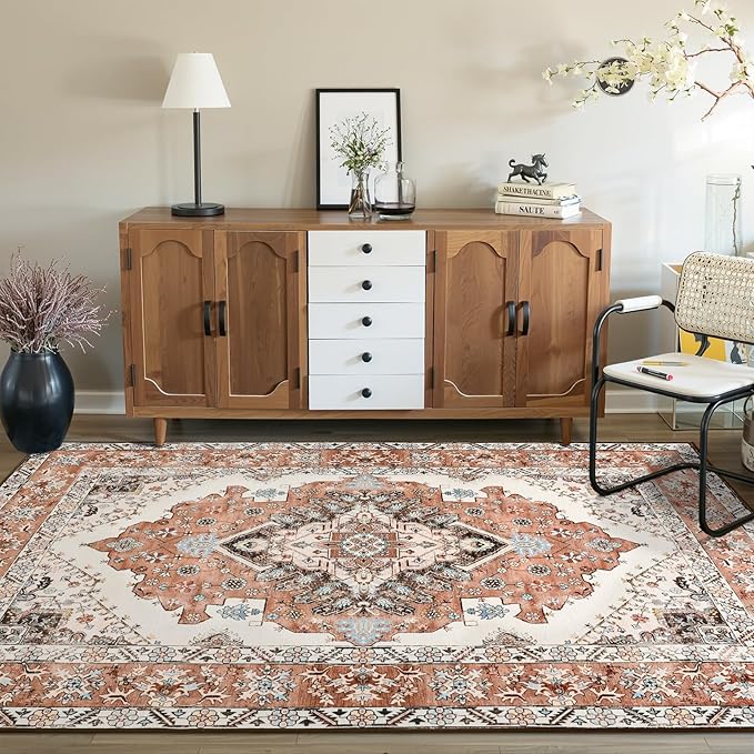 CRYPTOLITE Vintage Area Rug 5x8 Rugs, Machine Washable Vintage Area Rug Non-Slip Low Pile Large Rug for Living Room, Bedroom, Farmhouse, Dining Room, Orange
