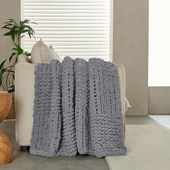 Chunky Knit Blanket Throw 50x60 Inches,Handmade Cable Knit Crochet Blanket,Cozy Lightweight All Season,Wrinkle-Resistant Polyester for Couch Bed Sofa Reading Nook,Grey