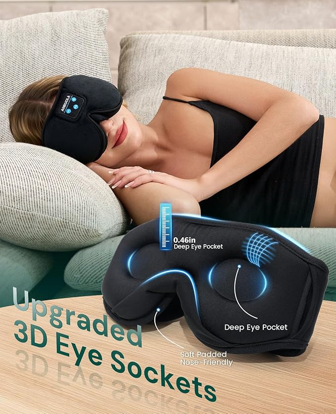 Sleep Mask with Bluetooth 5.4 Headphones, 3D Eye Mask Sleeping Headphones with Built-in HD Stereo Speaker for Side Sleepers, Soft Music Headband Sleeping Mask for Unisex, Ideal for Nap Meditation