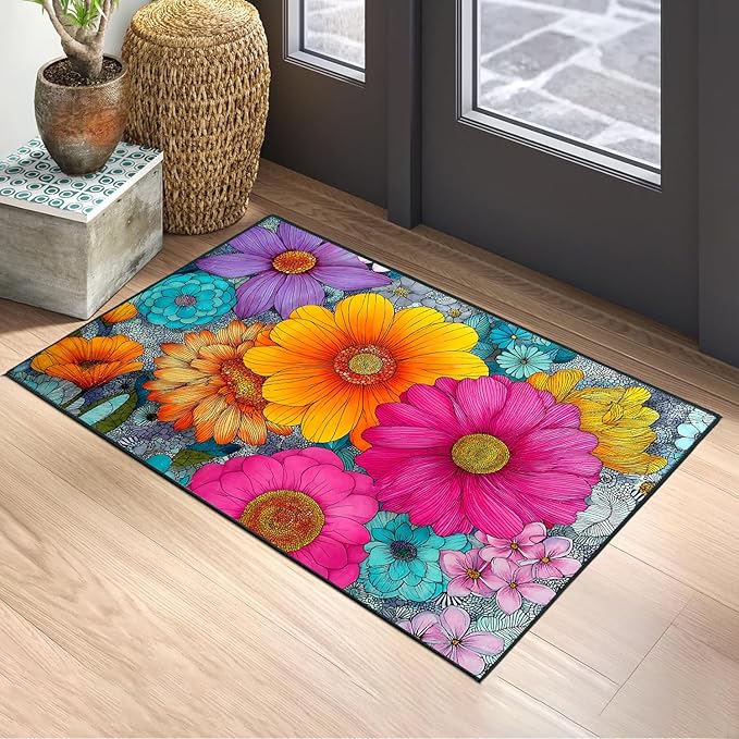 Floral Area Rug 2x3 ft Entry Rug Washable Boho Rugs Non Slip Low Pile Spring Floral Door Mat Small Carpet for Bedroom, Bedside, Kids Room, Office, Dining Room