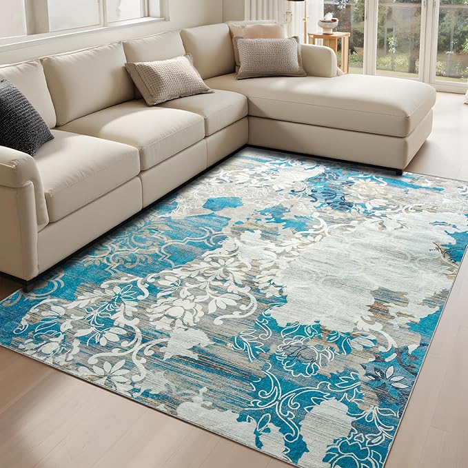 CRYPTOLITE Abstract Area Rug 5x7 Washable Rug with Non-Slip Backing Low Pile Area Rug Area Rugs for Living Room, Bedroom, Dining Room, Blue