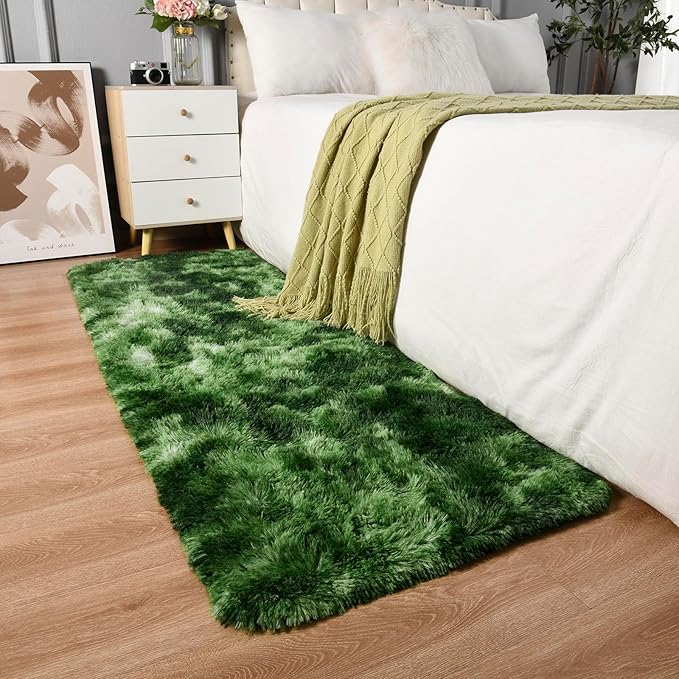 Tie-Dyed Green Runner Area Rugs for Bedroom Living Room, 2x6 Feet Fluffy Bedside Rugs, Soft Shaggy Carpet Rug for Kids Room Nursery, Furry Cute Rugs for Girls Boys Dorm Room Home Decor
