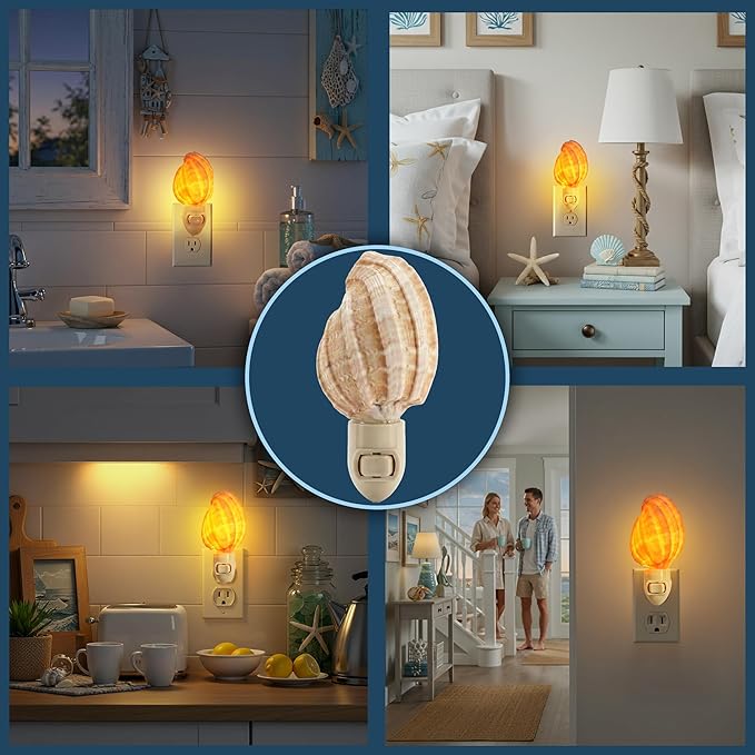 Nautical Crush Trading Seashell Night Light – Beach Night Light with Harpa Shell Light for Bathroom – Sea Shell Lamp – Seashell Lamp Plug Into Wall