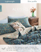 ALEISSEL Cotton Floral Comforter Twin Size - 2PC Lightweight Bedding Sets with Down Alternative Fill, Deep Slate Blue & White with Vibrant Floral Pattern (1 Comforter, 1 Pillowsham)