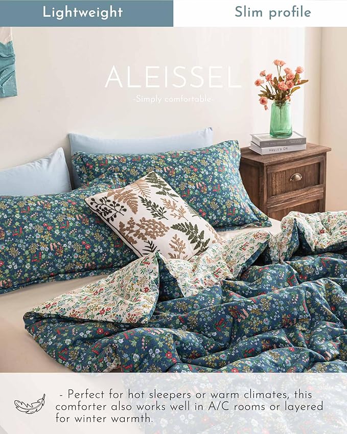ALEISSEL Cotton Floral Comforter Twin Size - 2PC Lightweight Bedding Sets with Down Alternative Fill, Deep Slate Blue & White with Vibrant Floral Pattern (1 Comforter, 1 Pillowsham)
